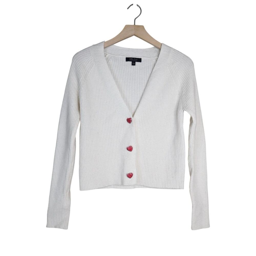 Witty Fox Women's S Rhinestone Heart Button Up Cropped Cardigan Sweater